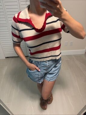 Striped Knit Polo Top in Cream and Red